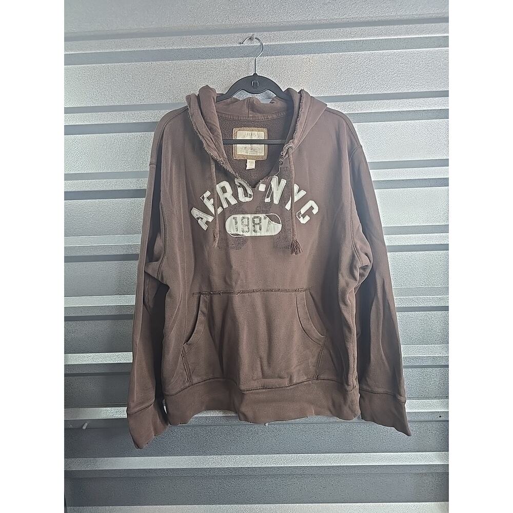 Aeropostale Mens Brown Aero NYC 1987 Graphic Hoodie Size XL Distressed